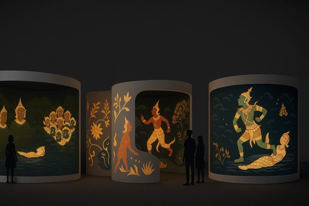 Ramakien murals displayed in illuminated cylinder structures.