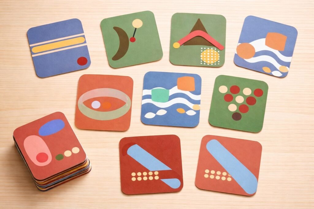Ramakien-themed coasters with colorful abstract designs on a wooden surface.
