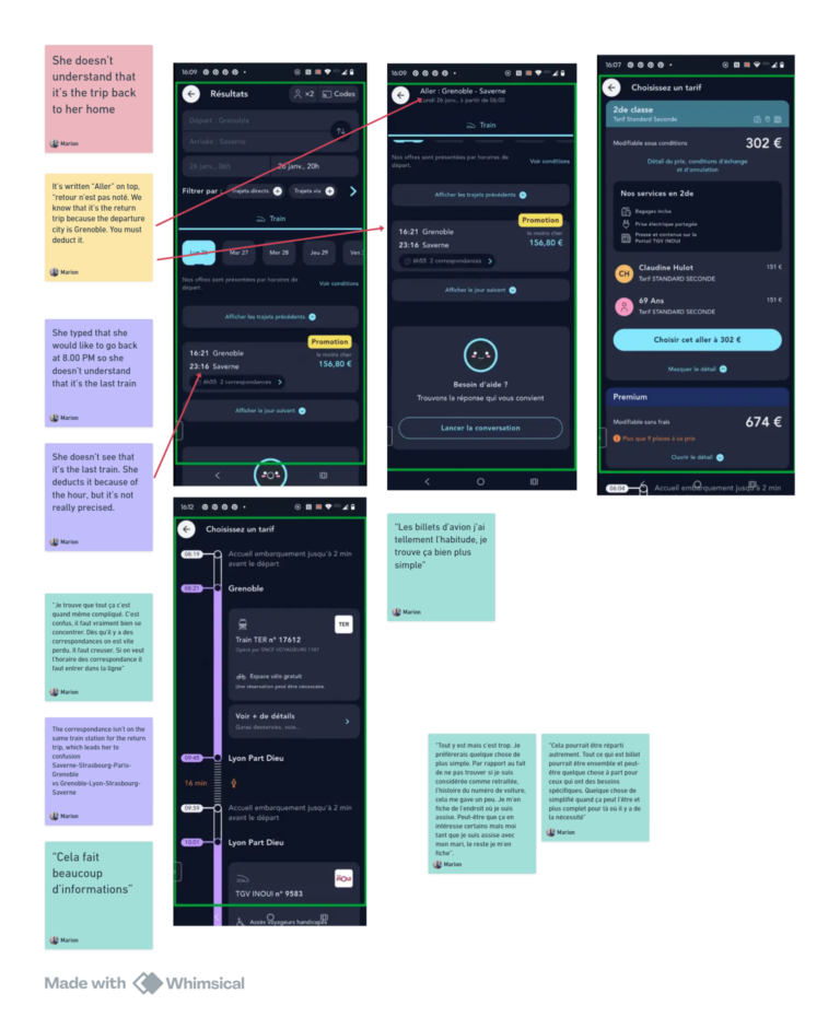 SNCF Connect app screenshots showing train ticket booking and chat conversation examples.
