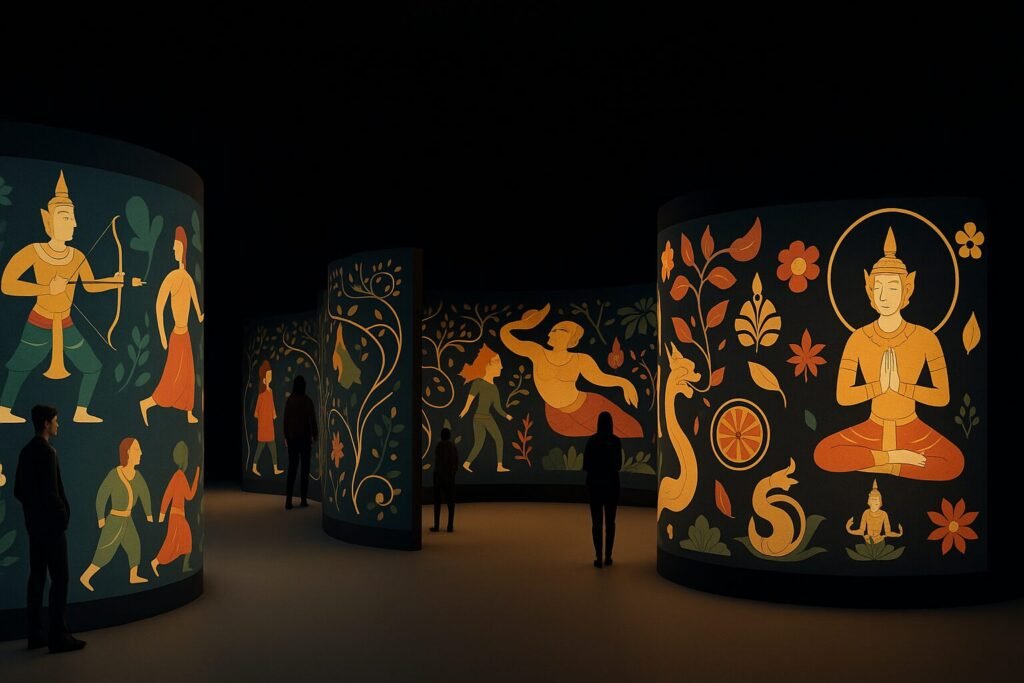 Ramakien murals displayed in a dark exhibit space, featuring figures from the Thai epic.