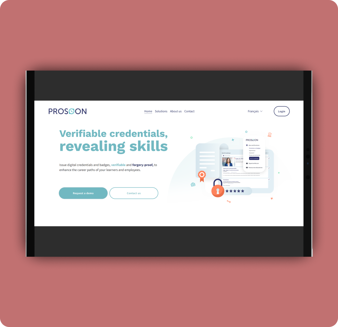 Prosoon website showing verifiable credentials and badges, enhancing career paths via UX design.