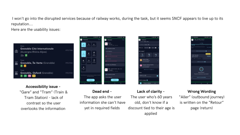 SNCF Connect app screenshots showing train ticket booking process.