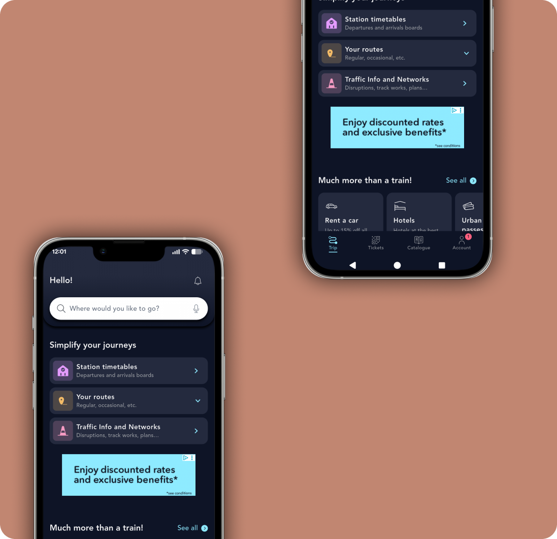 Mobile app interface showing travel options: train timetables, routes, traffic info, and discounted rates. UX design focus.