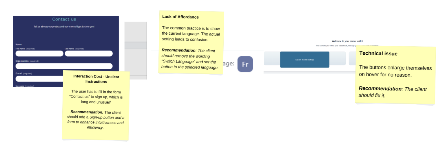 Prosoon SNCF website usability issues: contact form, language affordance, button hover, unclear instructions.