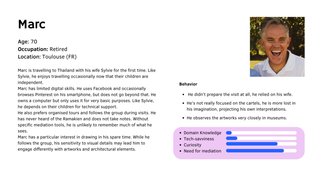 Smiling man's portrait with skill bars indicating domain knowledge, tech-savviness, curiosity, and need for mediation.