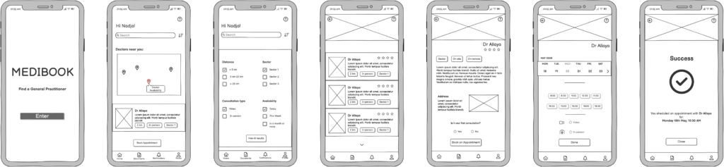 Medibook app wireframes showing doctor search, booking, and success screens.