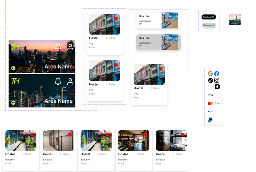 Bangkok hostel booking app interface with cityscapes, accommodation cards, and social media icons.