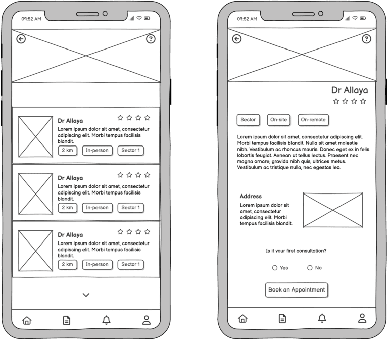 Wireframes of two mobile app screens showing doctor profiles and booking options.