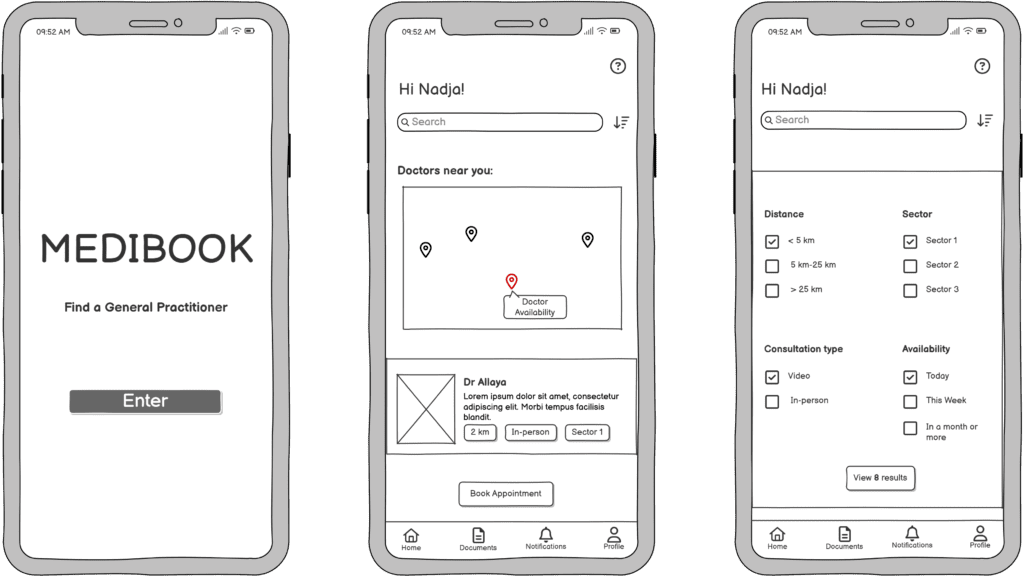 Medibook app screens: home, doctor search with map, and filter options for distance and consultation type.