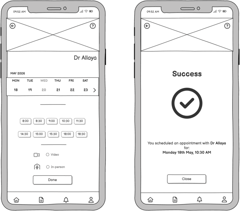 Medibook app: Schedule Dr Allaya appointment or view success confirmation.