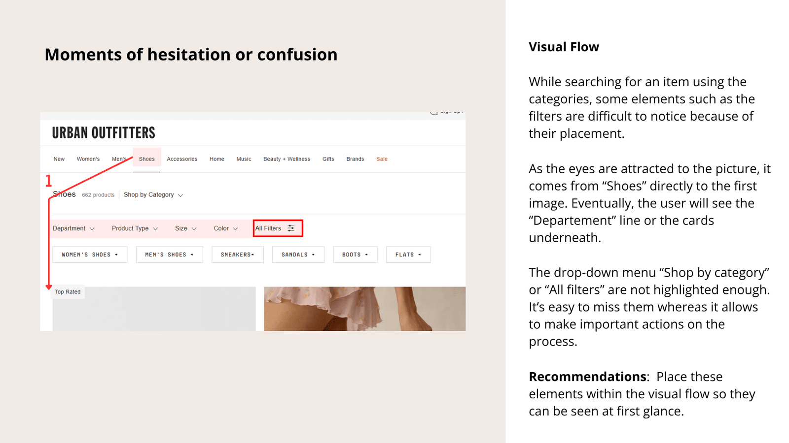 Urban Outfitters website showing product filters for shoes, with "All Filters" highlighted.
